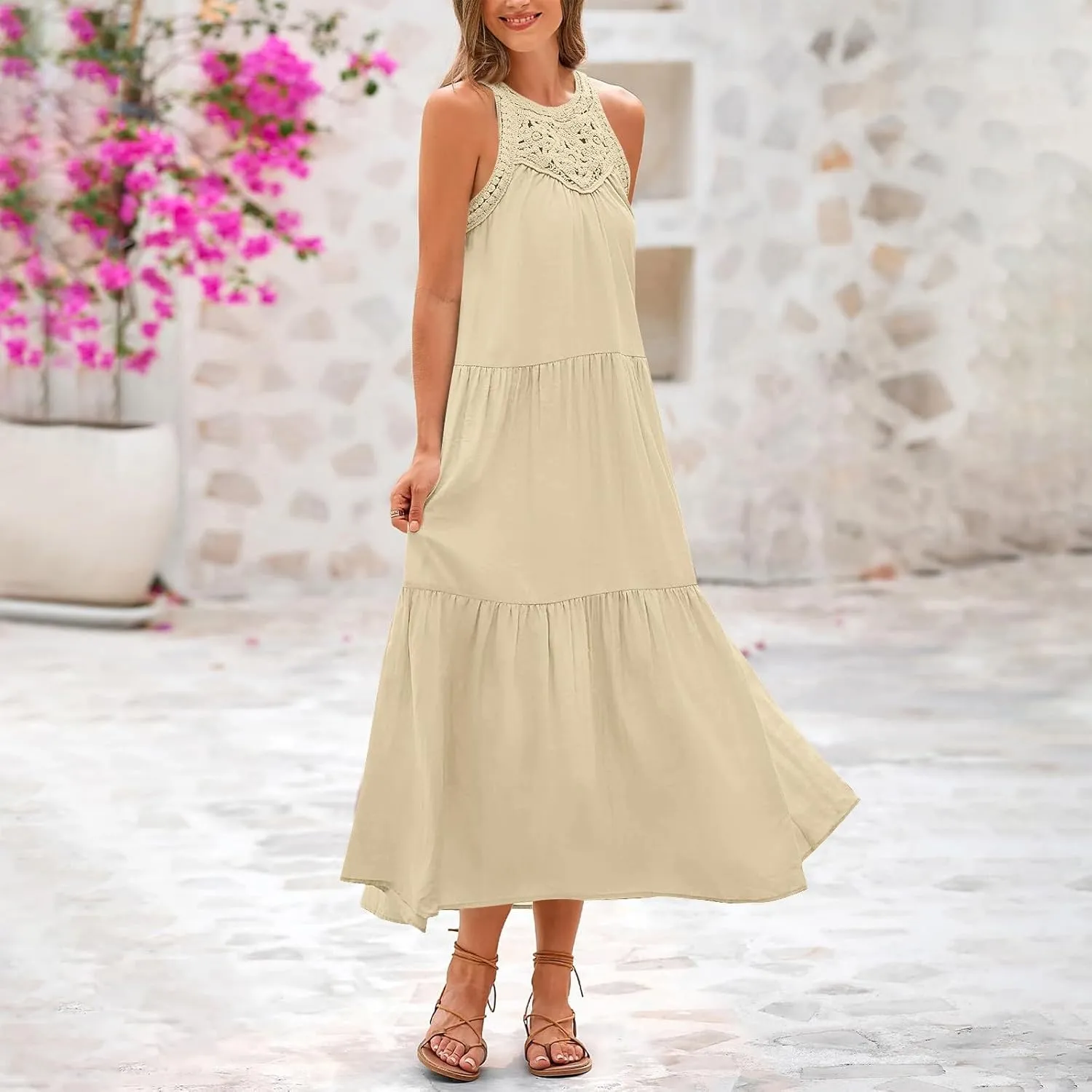 Summer Dresses for Women 2025,Casual Sleeveless Maxi Dresses Easter Crewneck Sundress Beach Vacation Clothes Fashion