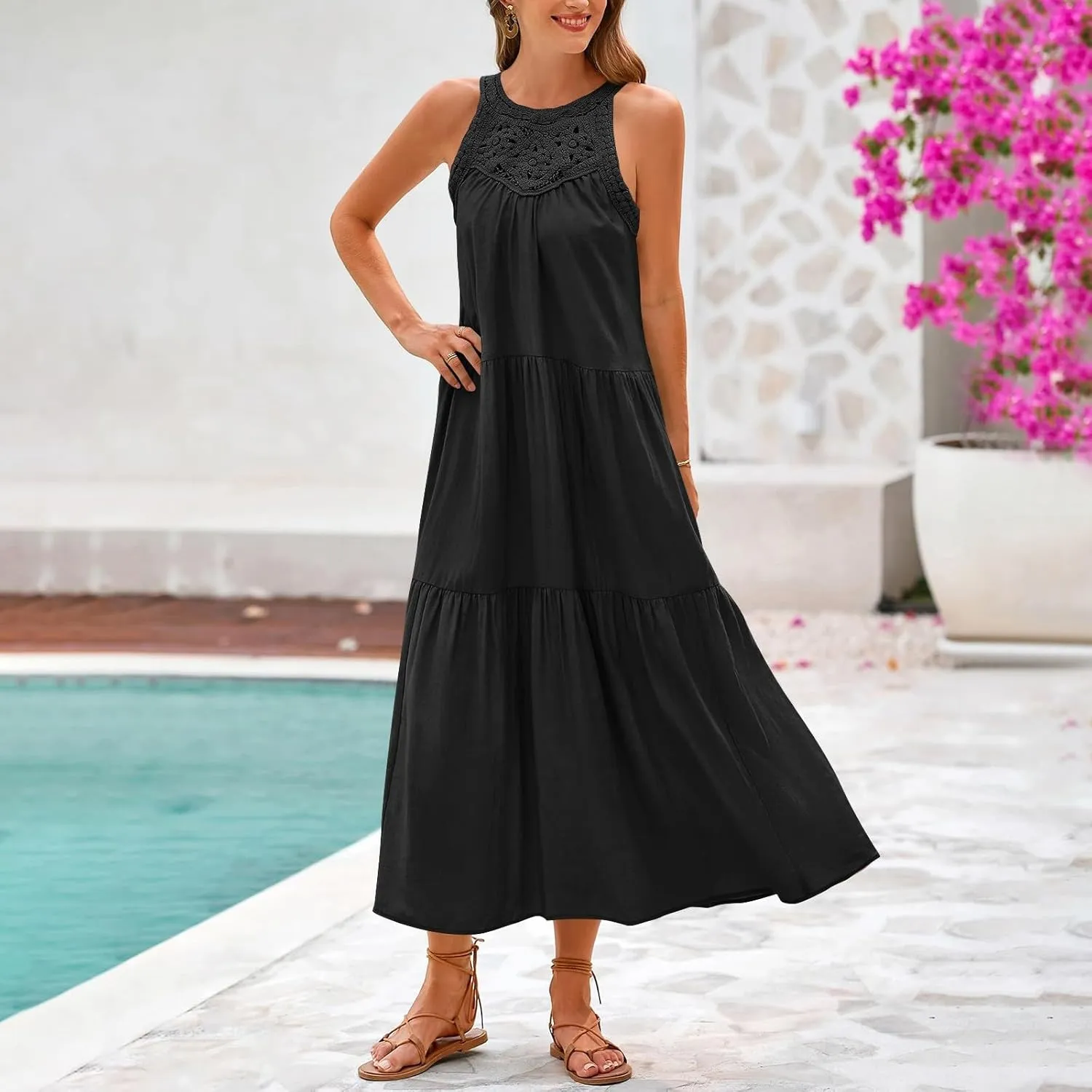 Summer Dresses for Women 2025,Casual Sleeveless Maxi Dresses Easter Crewneck Sundress Beach Vacation Clothes Fashion