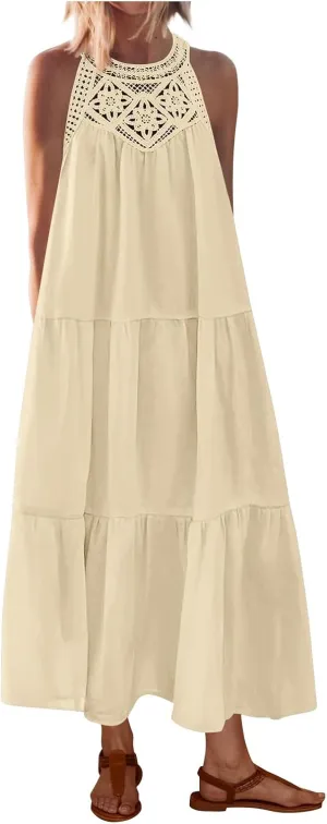 Summer Dresses for Women 2025,Casual Sleeveless Maxi Dresses Easter Crewneck Sundress Beach Vacation Clothes Fashion