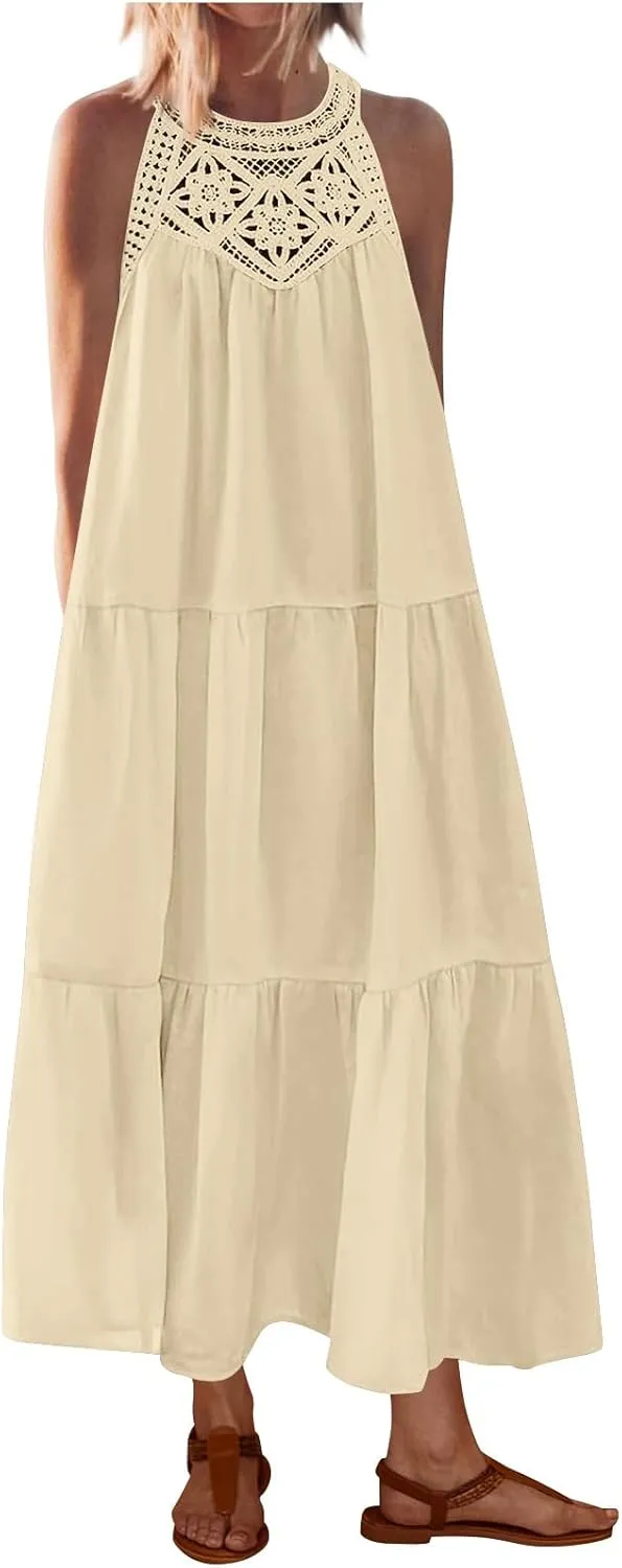 Summer Dresses for Women 2025,Casual Sleeveless Maxi Dresses Easter Crewneck Sundress Beach Vacation Clothes Fashion