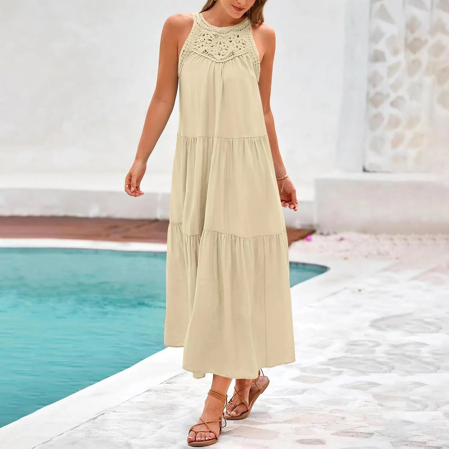 Summer Dresses for Women 2025,Casual Sleeveless Maxi Dresses Easter Crewneck Sundress Beach Vacation Clothes Fashion