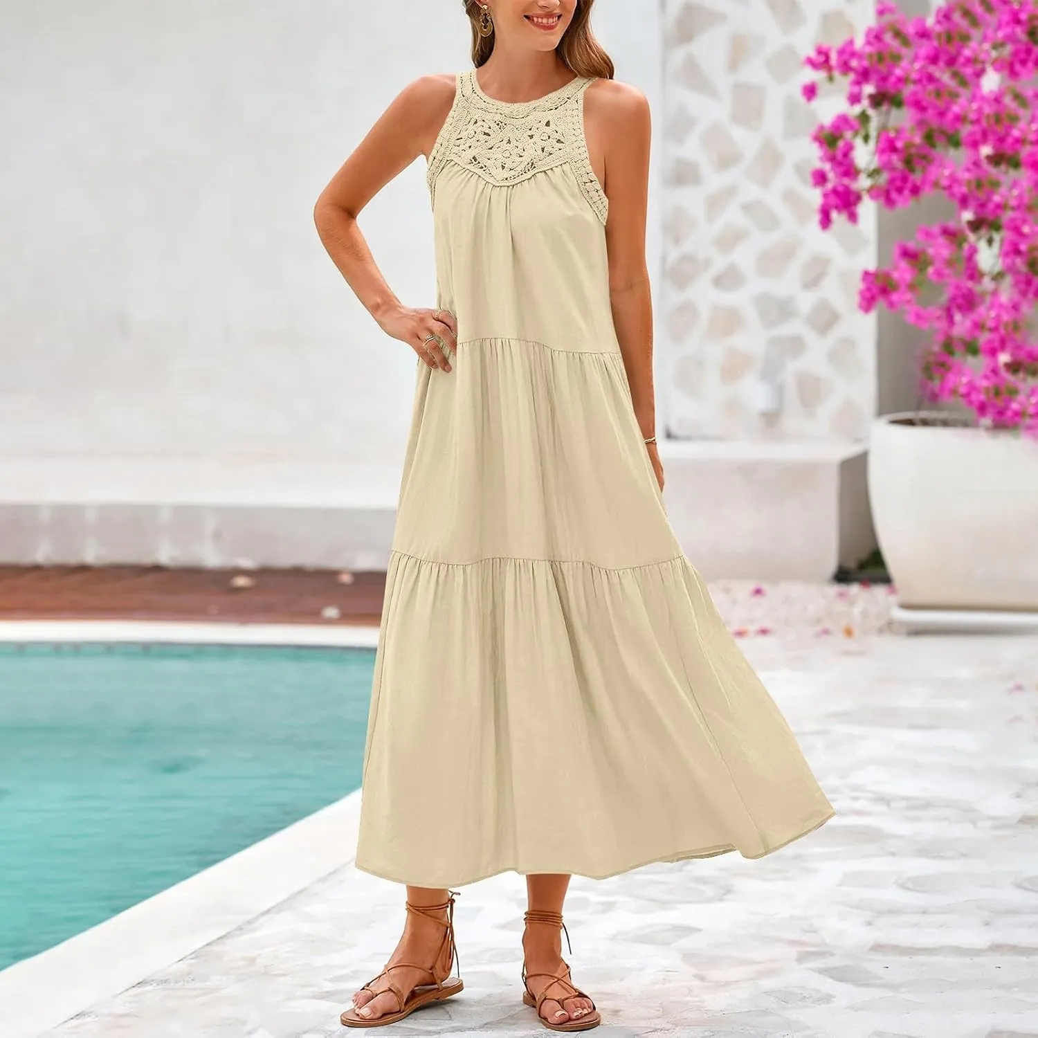 Summer Dresses for Women 2025,Casual Sleeveless Maxi Dresses Easter Crewneck Sundress Beach Vacation Clothes Fashion