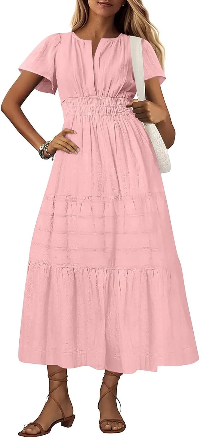 Summer Dresses for Women 2025,Lightweight Boho Maxi Dresses Beach Vacation Loose fit Smocked Sun Dresses