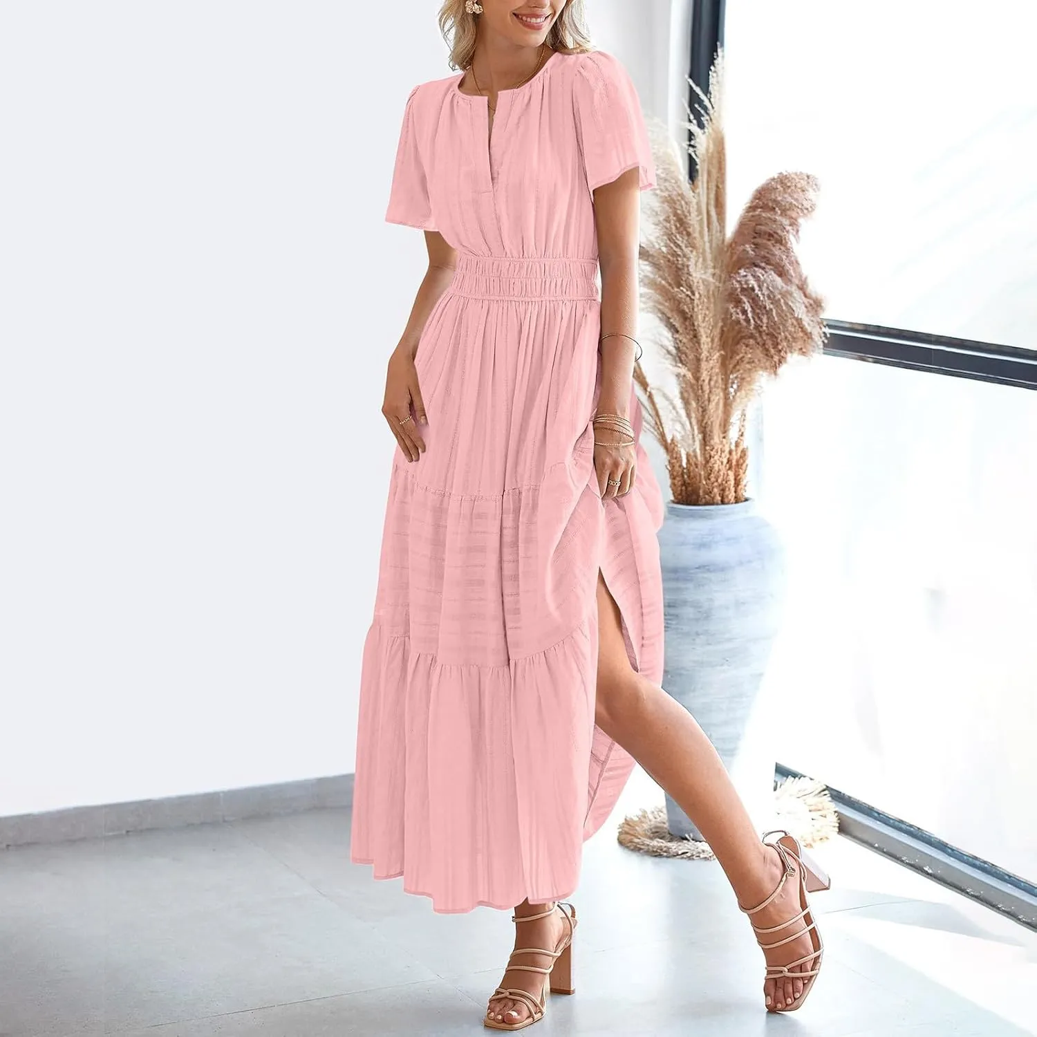 Summer Dresses for Women 2025,Lightweight Boho Maxi Dresses Beach Vacation Loose fit Smocked Sun Dresses