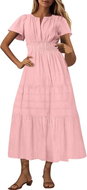 Summer Dresses for Women 2025,Lightweight Boho Maxi Dresses Beach Vacation Loose fit Smocked Sun Dresses
