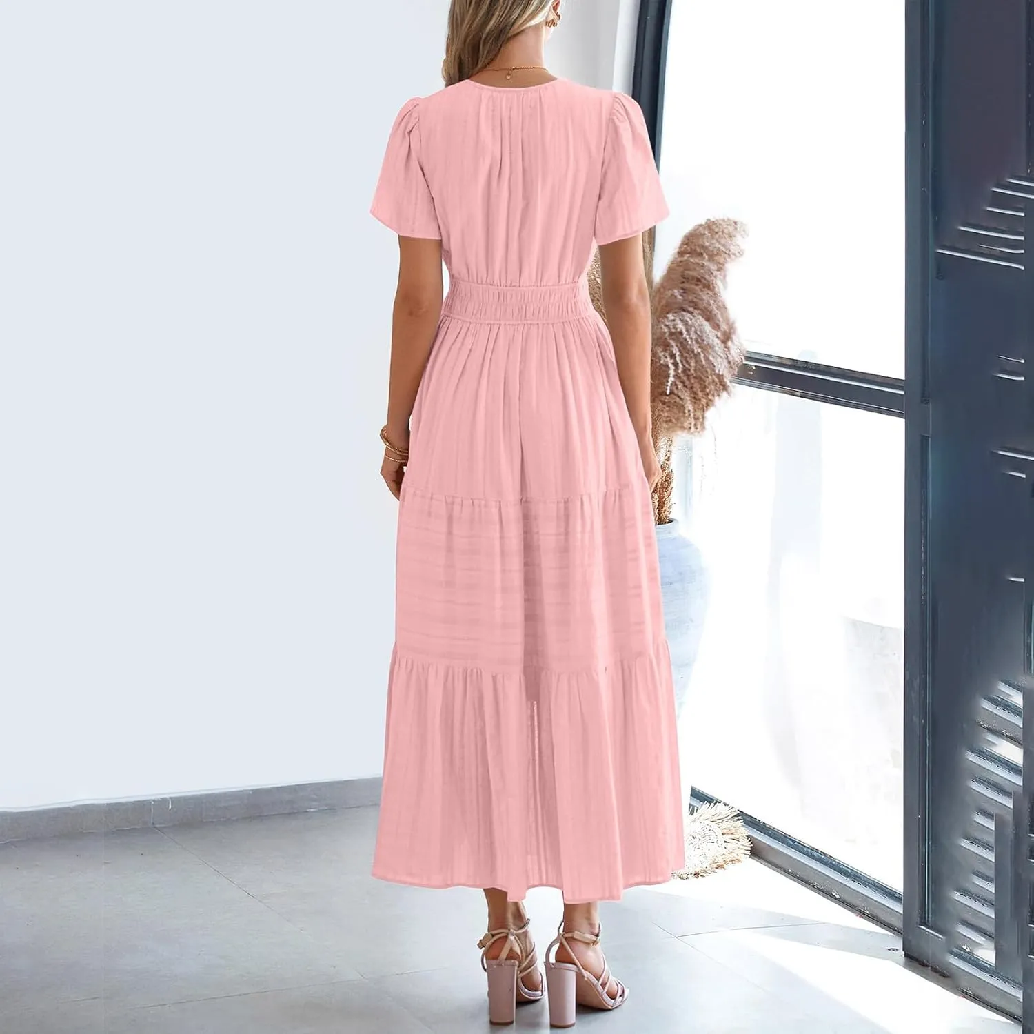 Summer Dresses for Women 2025,Lightweight Boho Maxi Dresses Beach Vacation Loose fit Smocked Sun Dresses