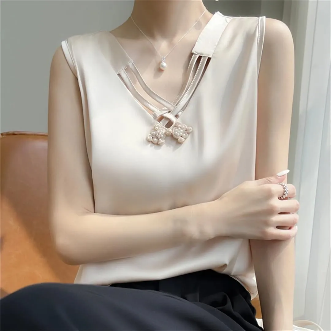 Summer Satin Smooth Women's Camisole Chinese Style V-Neck Sleeveless Vest