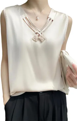 Summer Satin Smooth Women's Camisole Chinese Style V-Neck Sleeveless Vest