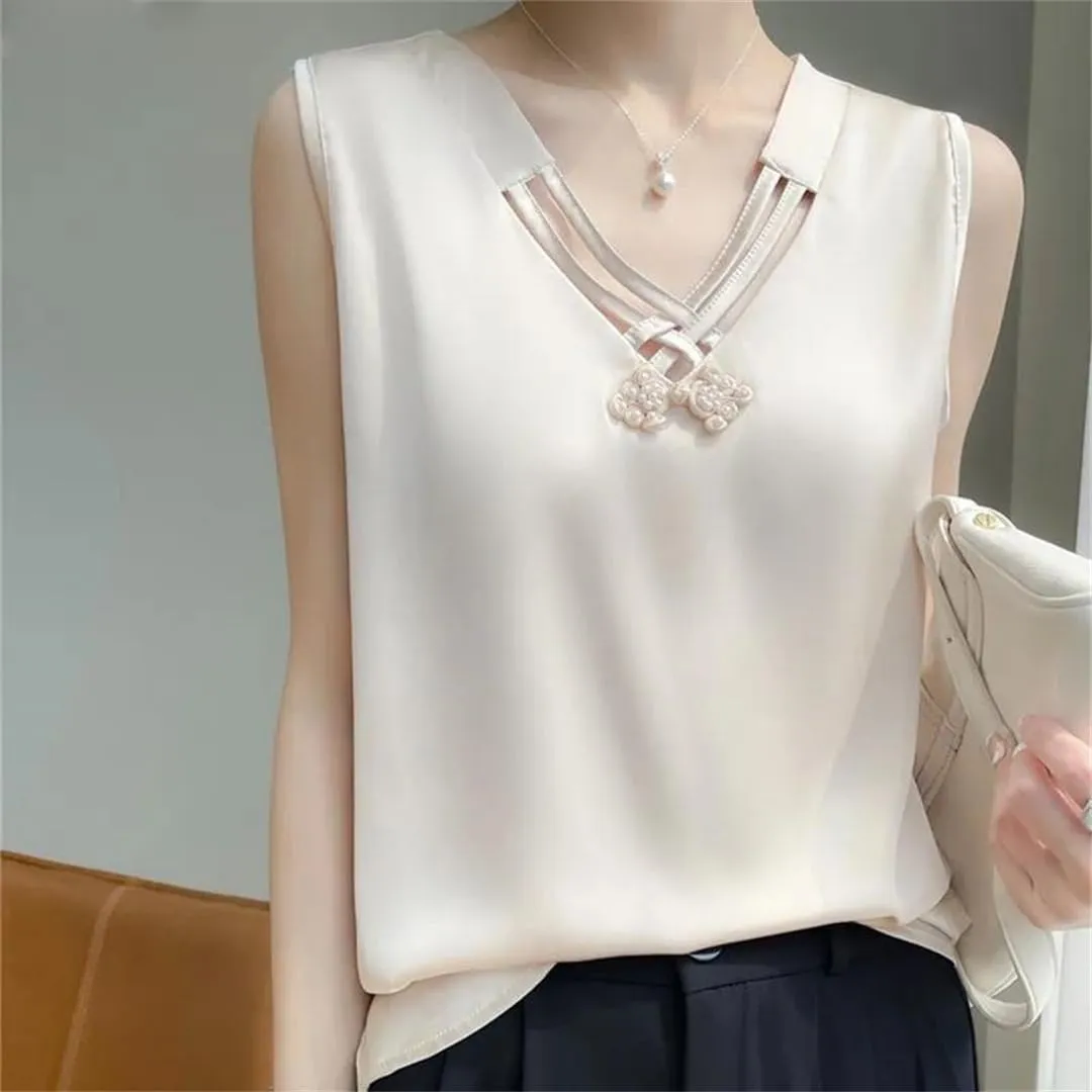 Summer Satin Smooth Women's Camisole Chinese Style V-Neck Sleeveless Vest