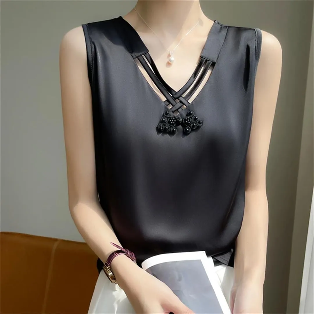 Summer Satin Smooth Women's Camisole Chinese Style V-Neck Sleeveless Vest