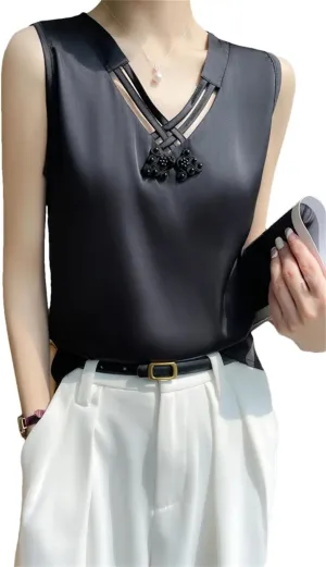Summer Satin Smooth Women's Camisole Chinese Style V-Neck Sleeveless Vest
