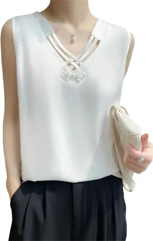 Summer Satin Smooth Women's Camisole Chinese Style V-Neck Sleeveless Vest