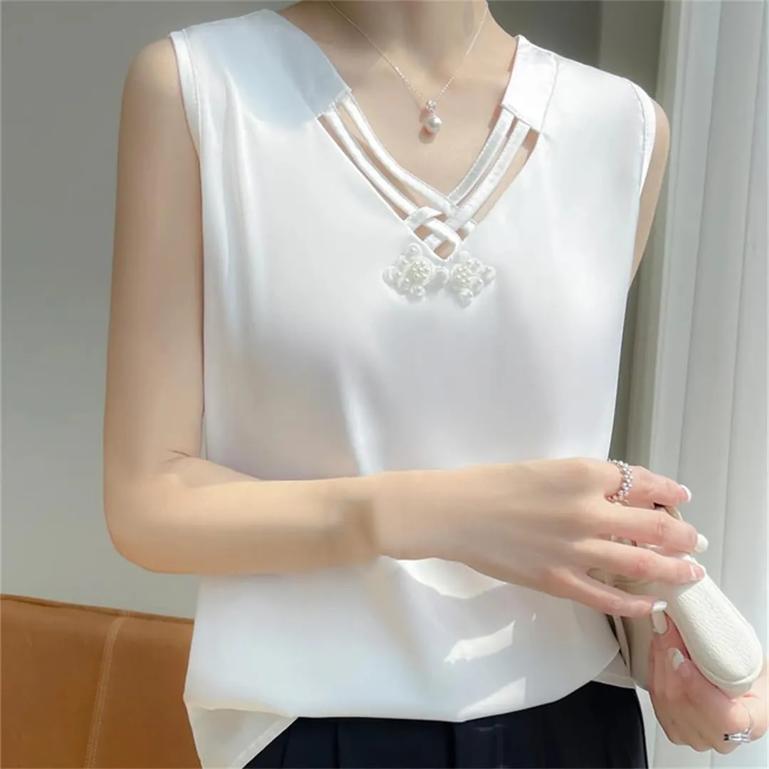 Summer Satin Smooth Women's Camisole Chinese Style V-Neck Sleeveless Vest