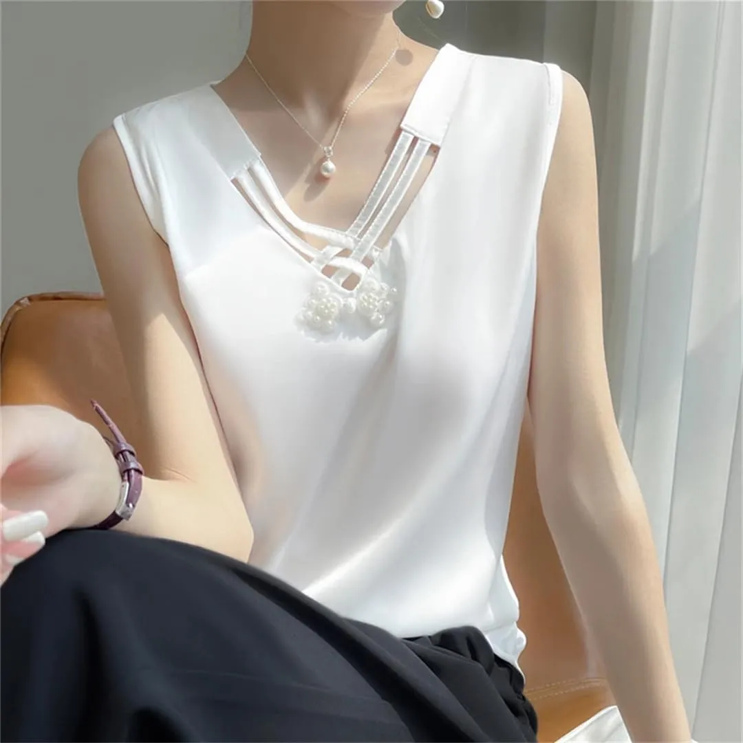 Summer Satin Smooth Women's Camisole Chinese Style V-Neck Sleeveless Vest
