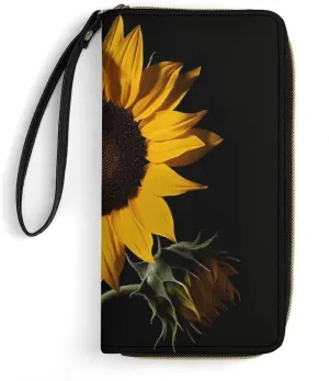 Sunflower Black Background Leather Wallet Smooth Zip Around Clutch Wristlet Travel Long Soft Purse for Women