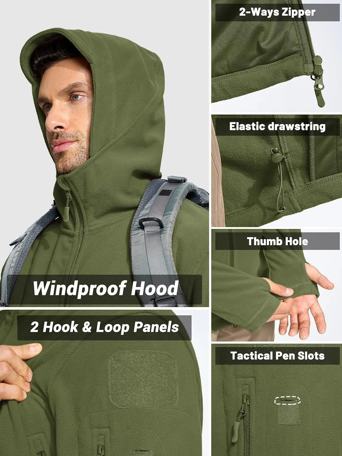 TACVASEN Mens Fleece Jacket Full Zip Tactical Hoodies Winter Coats Windproof Hoodies Warm Hunting