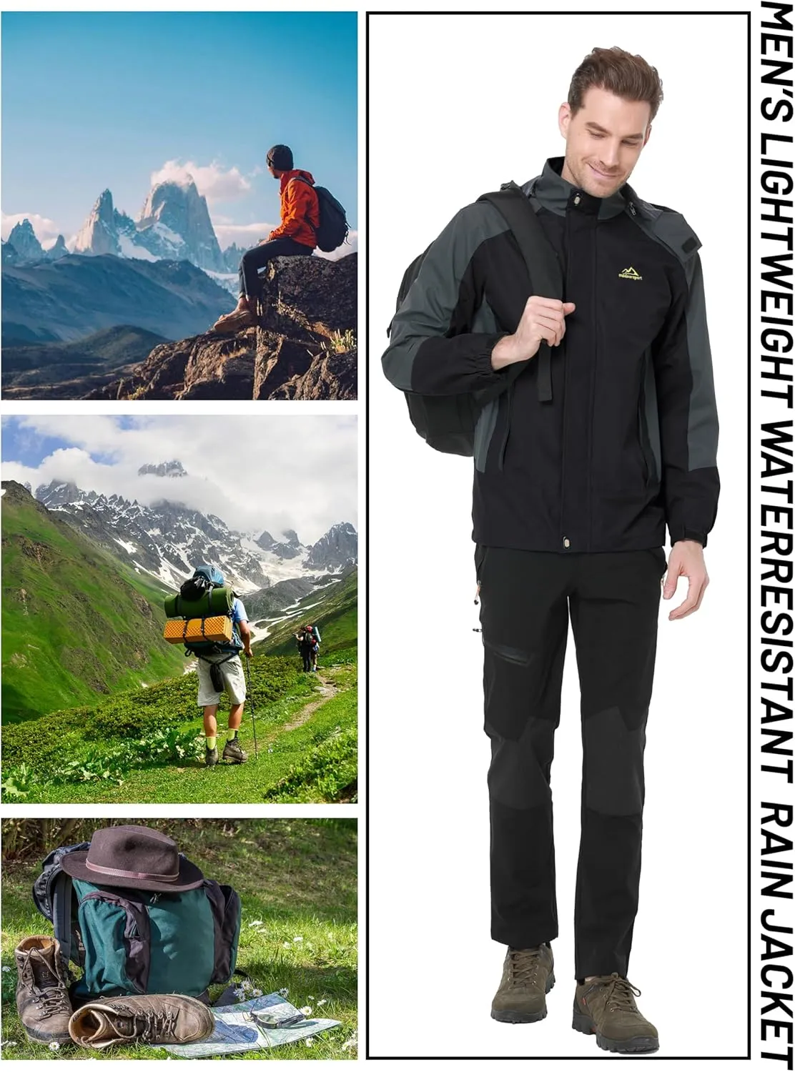 TACVASEN Mens Rain Coats Casual Waterproof with Hood Jackets Lightweight Zipper Pocket for Running Hiking Climbing