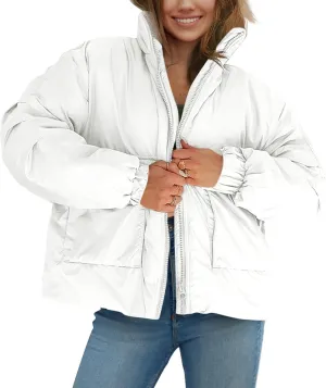 Tankaneo Womens Winter Oversized Puffer Jackets Baggy Long Sleeve Zip up Short Down Coat with Pockets