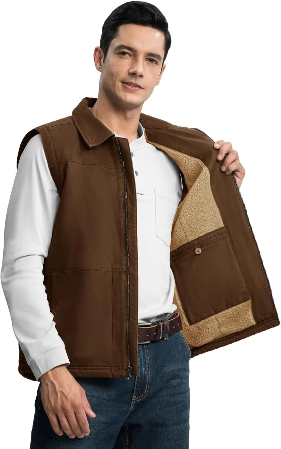 TBMPOY Men's Winter Vest Casual Sherpa Fleece lined Full Zip Lightweight Vest Outerwear Warm Cotton Travel Jackets