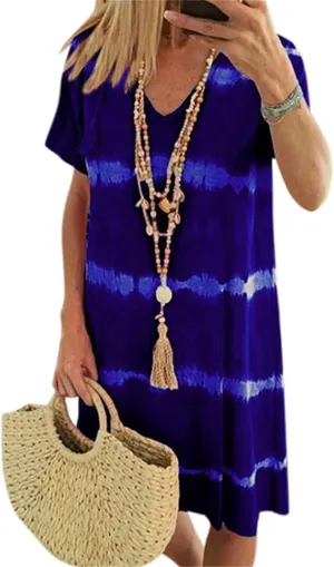 Tie-Dye Striped Short-Sleeve Loose T-Shirt Dress, Summer Casual V Neck Sundress, Beach Dresses for Women