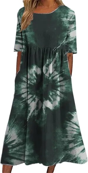 Tie Dye Summer Midi Dresses for Women Short Sleeve Boho Floral Dress Loose Beach Vacation Sundresses with Pockets