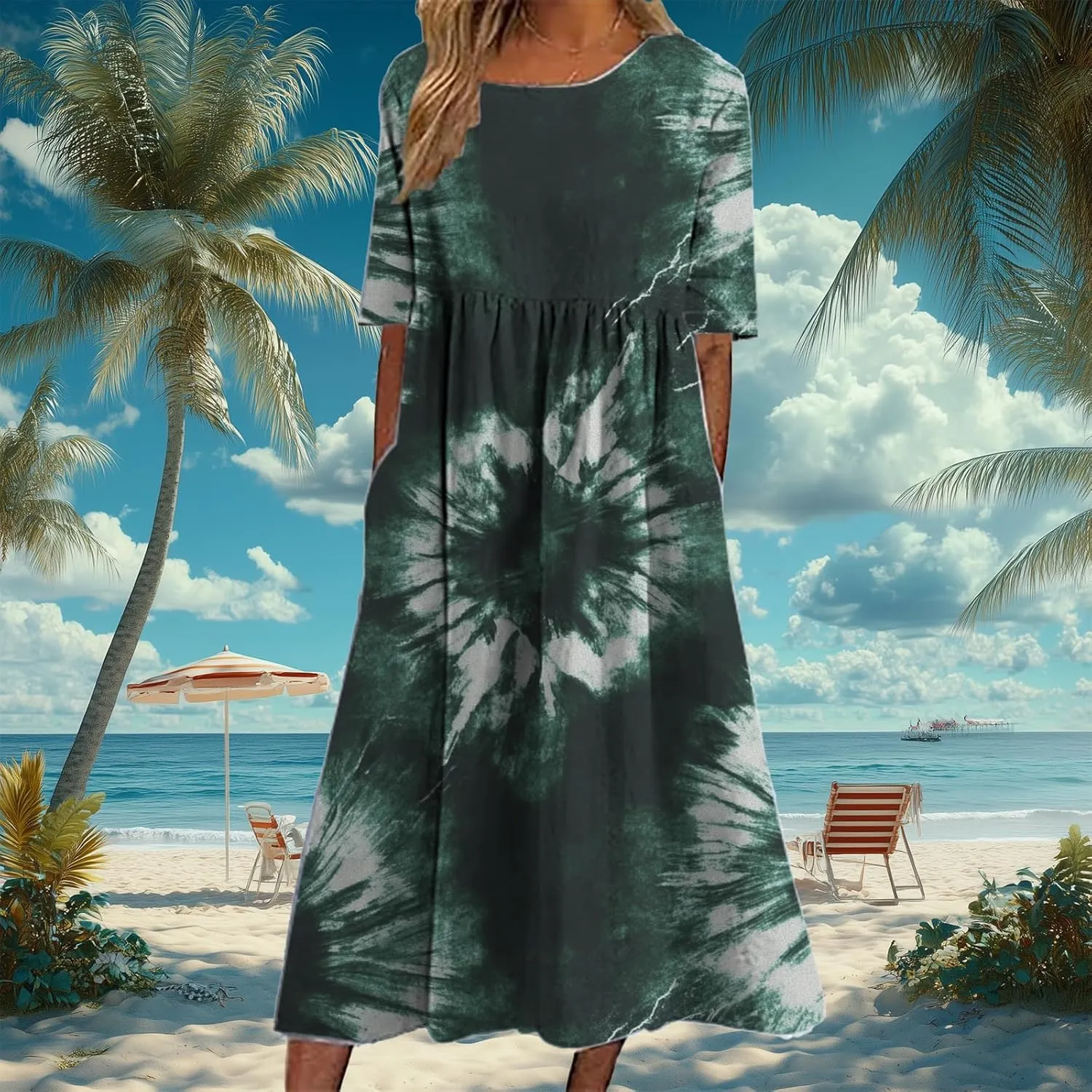 Tie Dye Summer Midi Dresses for Women Short Sleeve Boho Floral Dress Loose Beach Vacation Sundresses with Pockets
