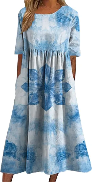 Tie Dye Summer Midi Dresses for Women Short Sleeve Boho Floral Dress Loose Beach Vacation Sundresses with Pockets