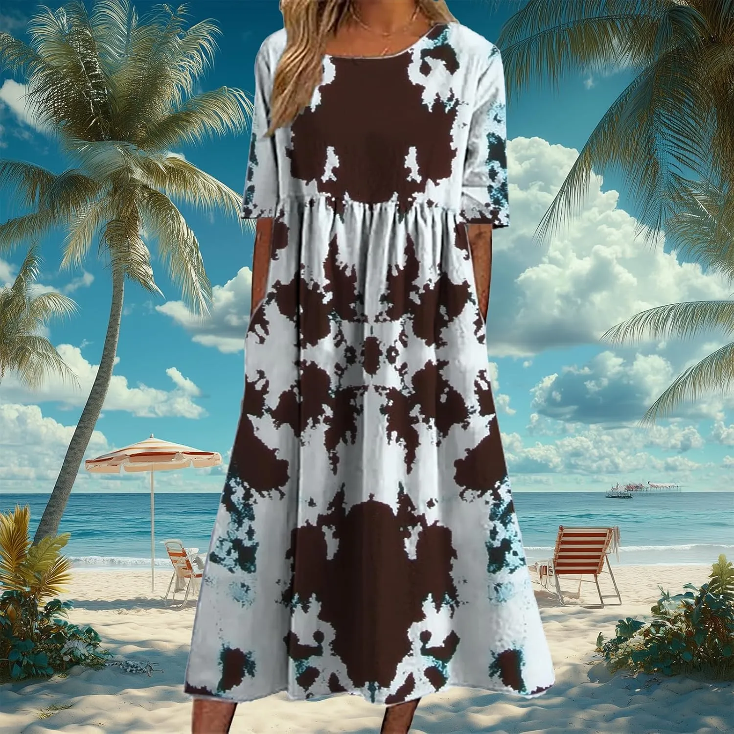 Tie Dye Summer Midi Dresses for Women Short Sleeve Boho Floral Dress Loose Beach Vacation Sundresses with Pockets
