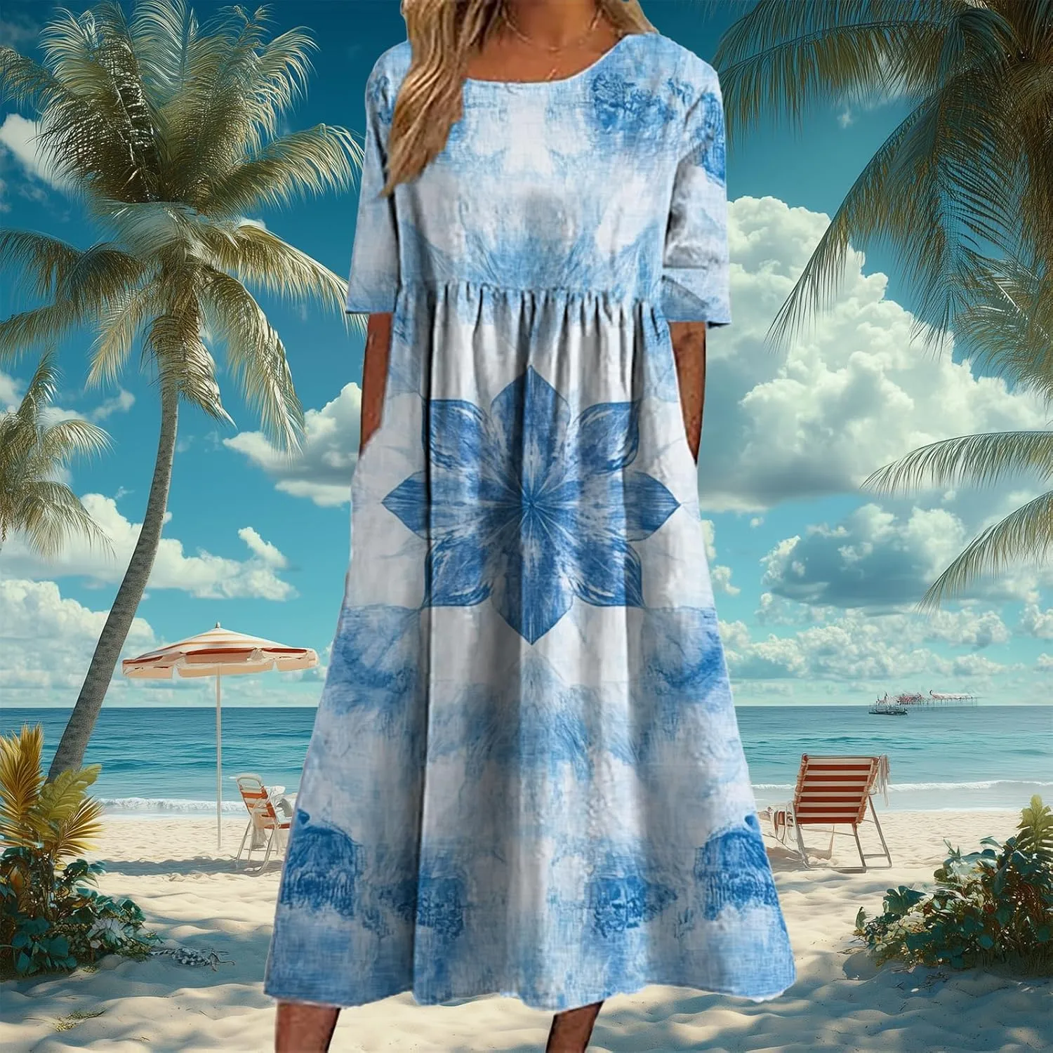 Tie Dye Summer Midi Dresses for Women Short Sleeve Boho Floral Dress Loose Beach Vacation Sundresses with Pockets