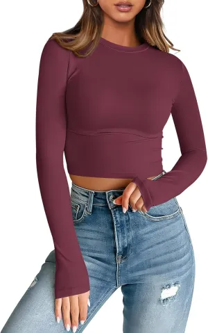 Trendy Queen Womens Long Sleeve Crop Tops Basic Slim Fitted Shirts Fashion 2025 Going Out Y2k Tops Teen Girl Clothes