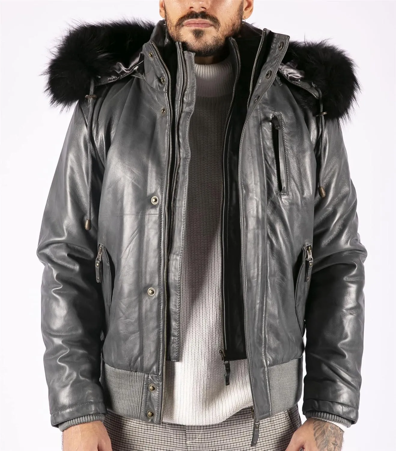 TruClothing Men's Bomber Jacket Outwear Windproof Winter Puffer Real Leather Jackets Coat Fur Hood