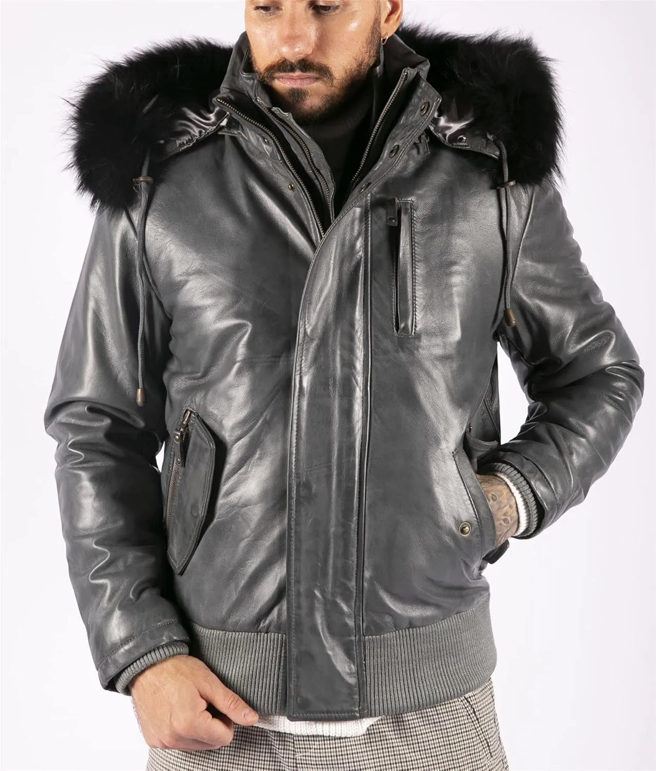 TruClothing Men's Bomber Jacket Outwear Windproof Winter Puffer Real Leather Jackets Coat Fur Hood