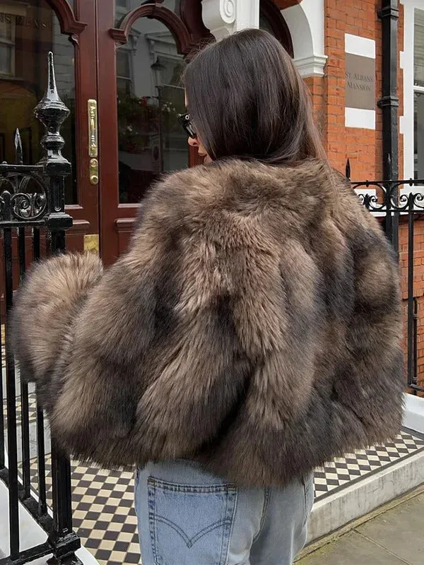 Vintage Winter Women Round Neck Faux Fur Short Coats Elegant Thick Large Cuffs Solid Fur Coat Warm Lady Chic High Street Outwear