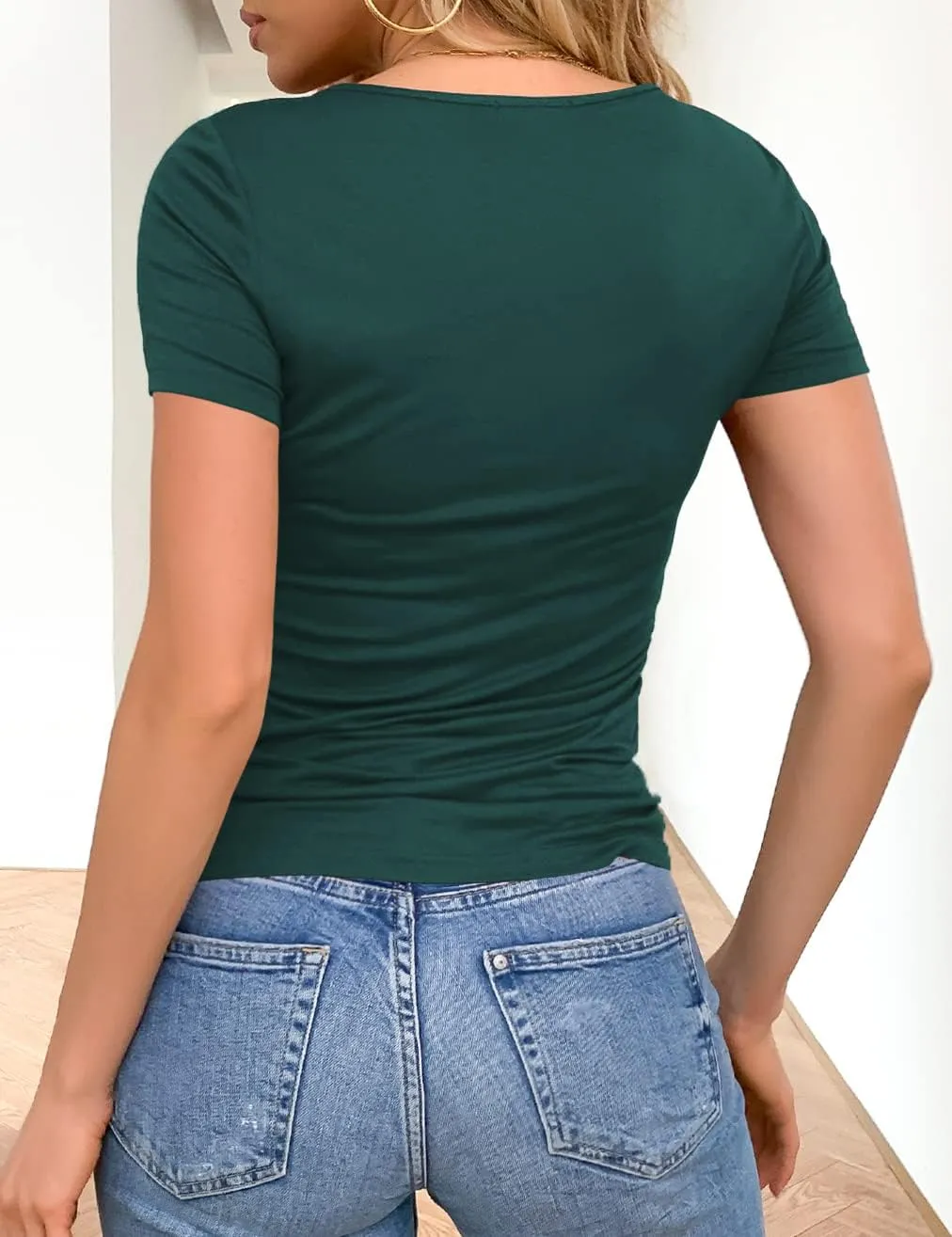 VOIANLIMO Women's Summer Tops Slim Fitted Deep V Neck Cross Wrap Tunic T-Shirt Side ruched Shirring Tees