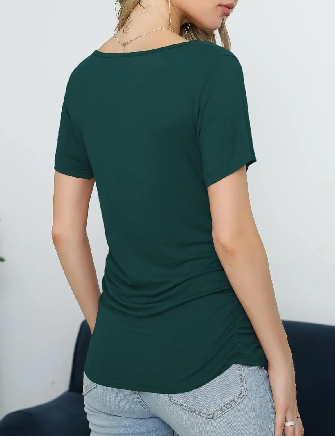 VOIANLIMO Women's Summer Tops Slim Fitted Deep V Neck Cross Wrap Tunic T-Shirt Side ruched Shirring Tees