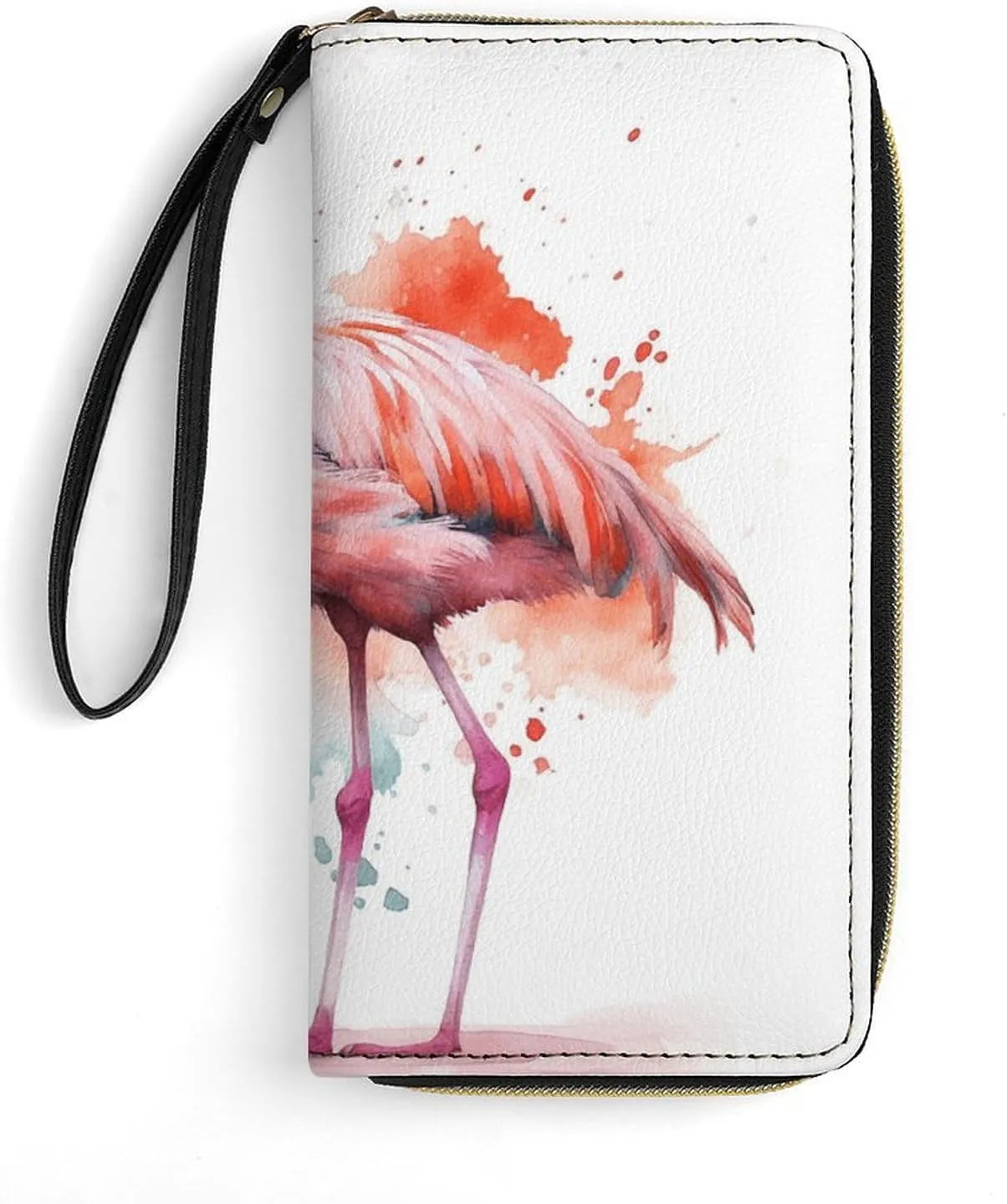 Watercolor Flamingo Leather Wallet Smooth Zip Around Clutch Wristlet Travel Long Soft Purse for Women