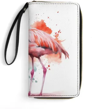 Watercolor Flamingo Leather Wallet Smooth Zip Around Clutch Wristlet Travel Long Soft Purse for Women
