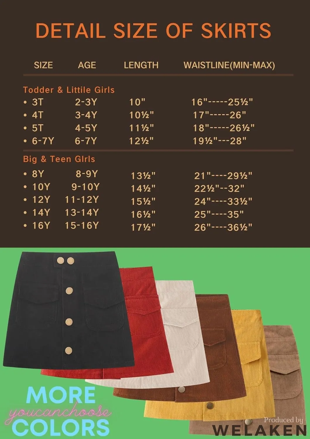 WELAKEN Girls and Toddler's Corduroy Short Mini Skirt
