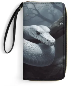 White Snake Leather Wallet Smooth Zip Around Clutch Wristlet Travel Long Soft Purse for Women