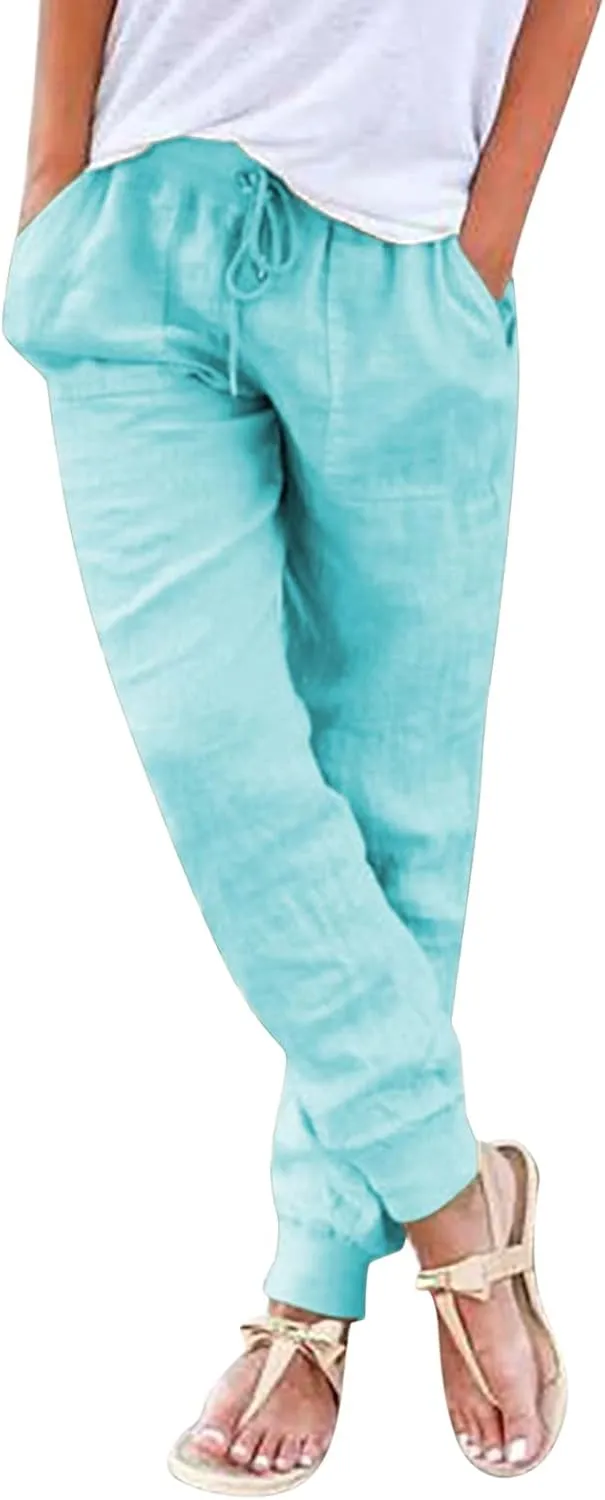 Wide Leg Casual Linen Pants for Women, Solid Color Cropped Capris Trouser with Pockets Comfort Yoga Soft Lounge Trousers