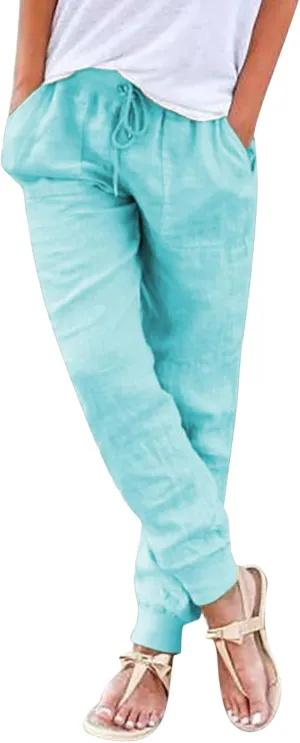 Wide Leg Casual Linen Pants for Women, Solid Color Cropped Capris Trouser with Pockets Comfort Yoga Soft Lounge Trousers