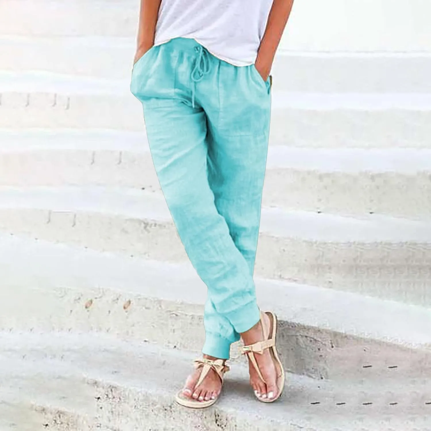Wide Leg Casual Linen Pants for Women, Solid Color Cropped Capris Trouser with Pockets Comfort Yoga Soft Lounge Trousers
