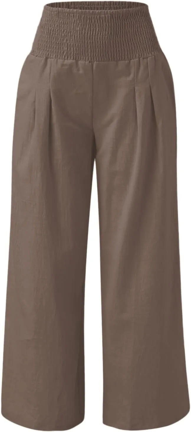 Wide Leg Linen Pants for Women Boho Beach Pants Casual Elastic High Waist Comfort Trendy Palazzo Pants