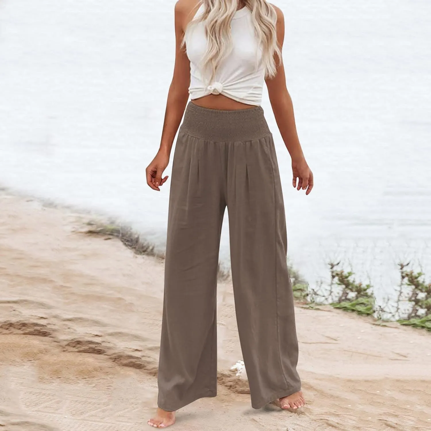 Wide Leg Linen Pants for Women Boho Beach Pants Casual Elastic High Waist Comfort Trendy Palazzo Pants