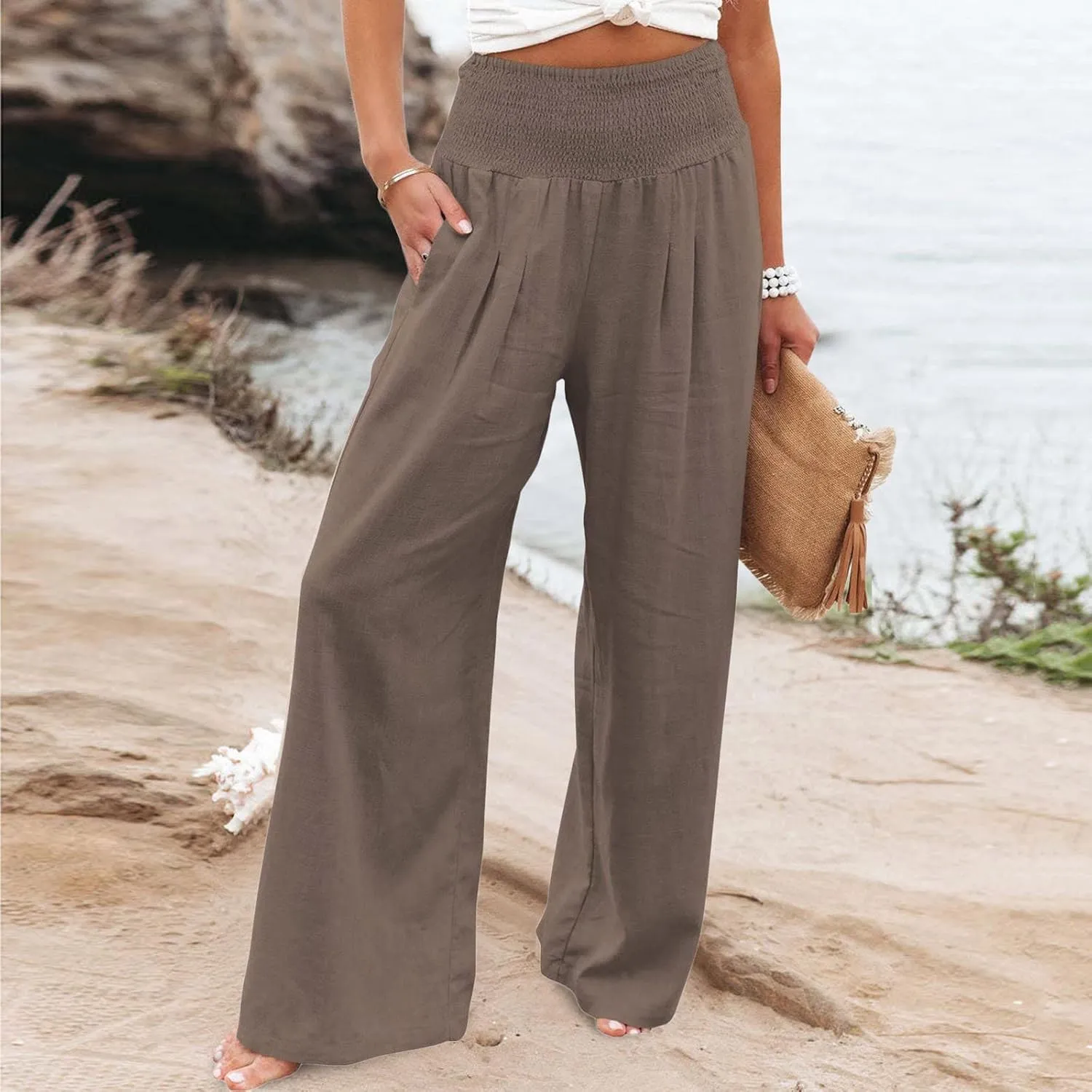 Wide Leg Linen Pants for Women Boho Beach Pants Casual Elastic High Waist Comfort Trendy Palazzo Pants