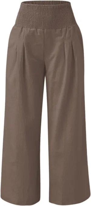 Wide Leg Linen Pants for Women Boho Beach Pants Casual Elastic High Waist Comfort Trendy Palazzo Pants