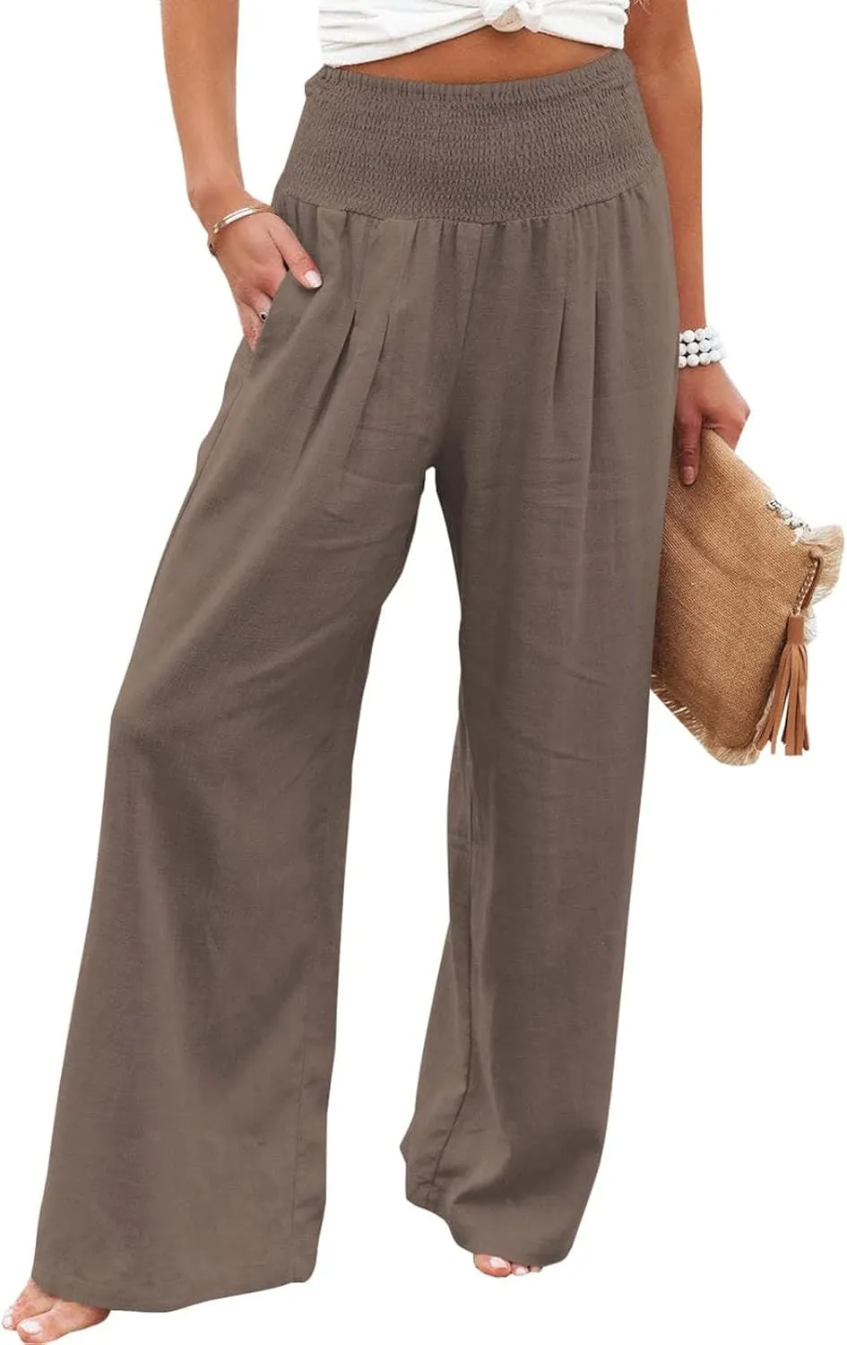 Wide Leg Linen Pants for Women Boho Beach Pants Casual Elastic High Waist Comfort Trendy Palazzo Pants