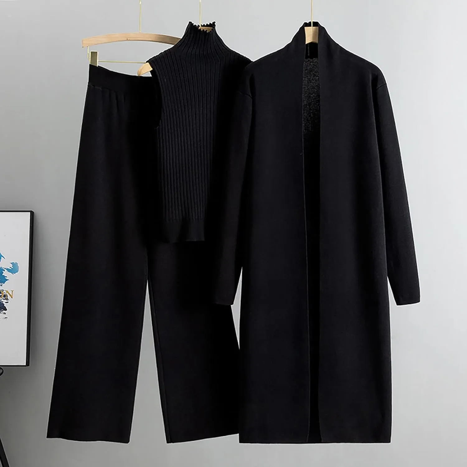 Winter 3 Piece Knit Lounge Outfits for Women Long Sleeve Maxi Cardigan Soft Sweater Vests and Wide Leg Lounge Pants
