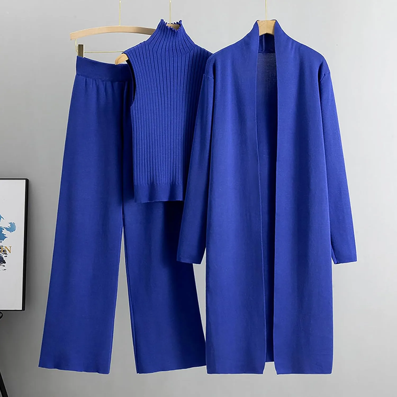 Winter 3 Piece Knit Lounge Outfits for Women Long Sleeve Maxi Cardigan Soft Sweater Vests and Wide Leg Lounge Pants