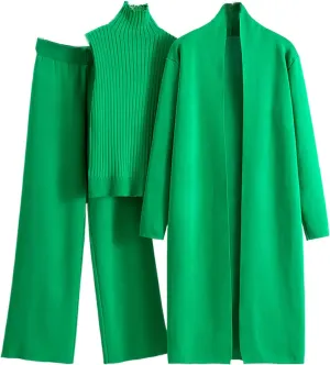 Winter 3 Piece Knit Lounge Outfits for Women Long Sleeve Maxi Cardigan Soft Sweater Vests and Wide Leg Lounge Pants